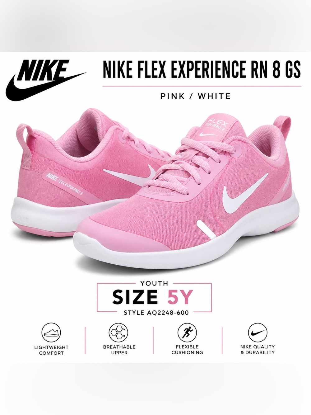 💕 Nike Flex Experience RN 8 GS “Pink Rise” – Size 5Y